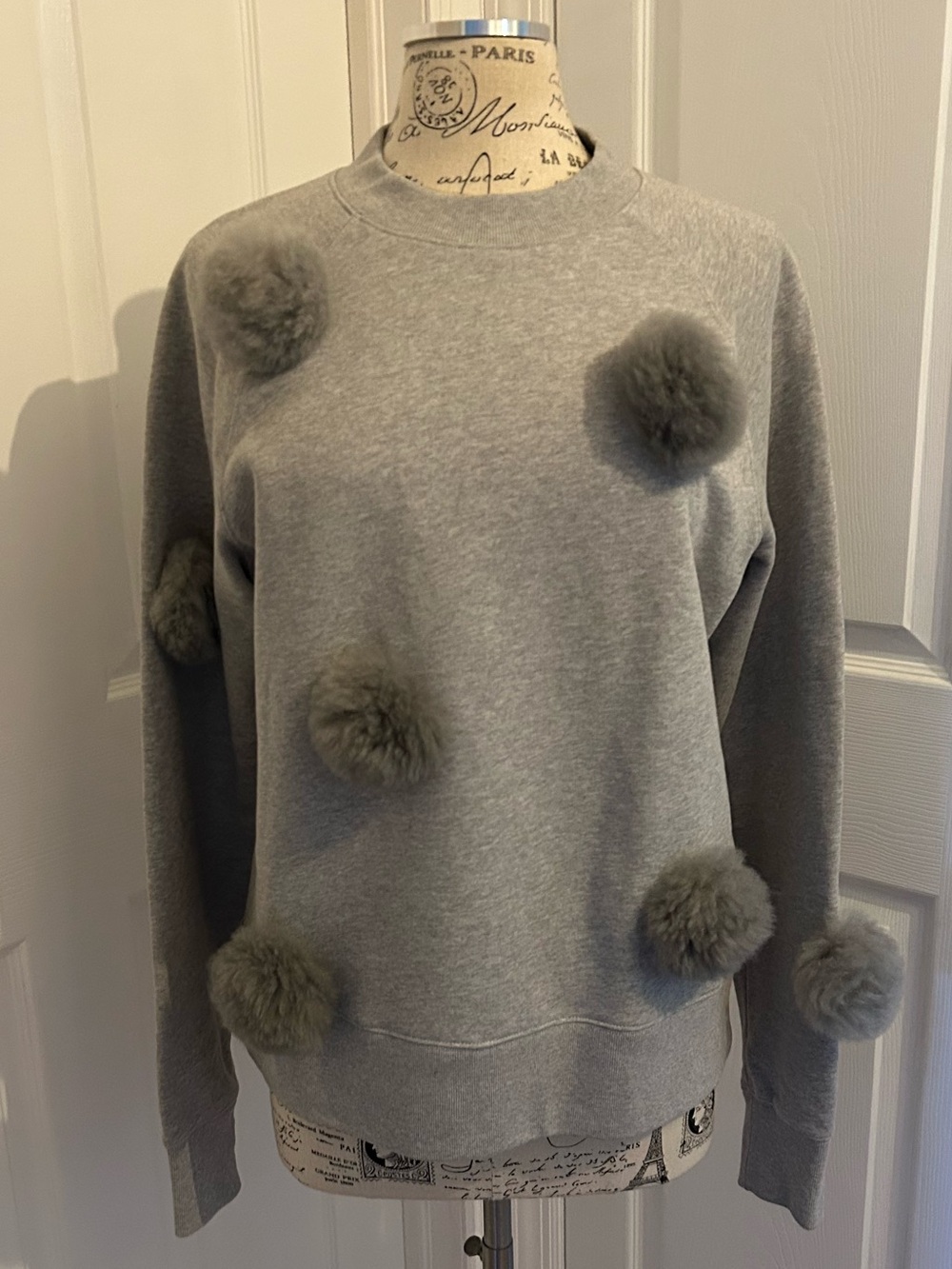 Tibi Gray Pom-Pom Crewneck Sweatshir